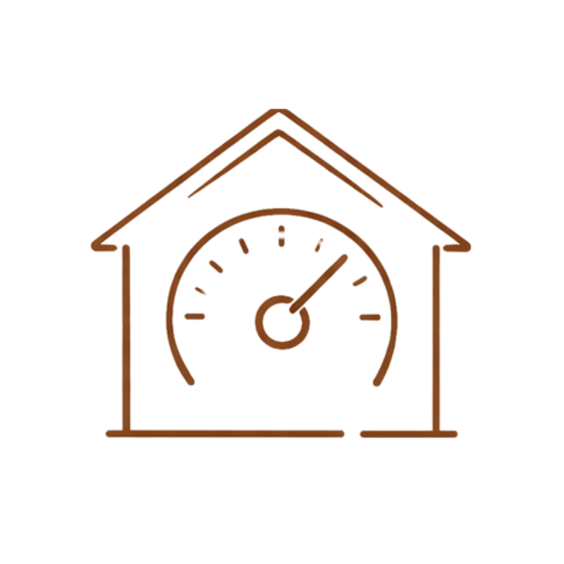 A line drawing of a house with a temperature gauge inside, indicating an indoor grow factility.