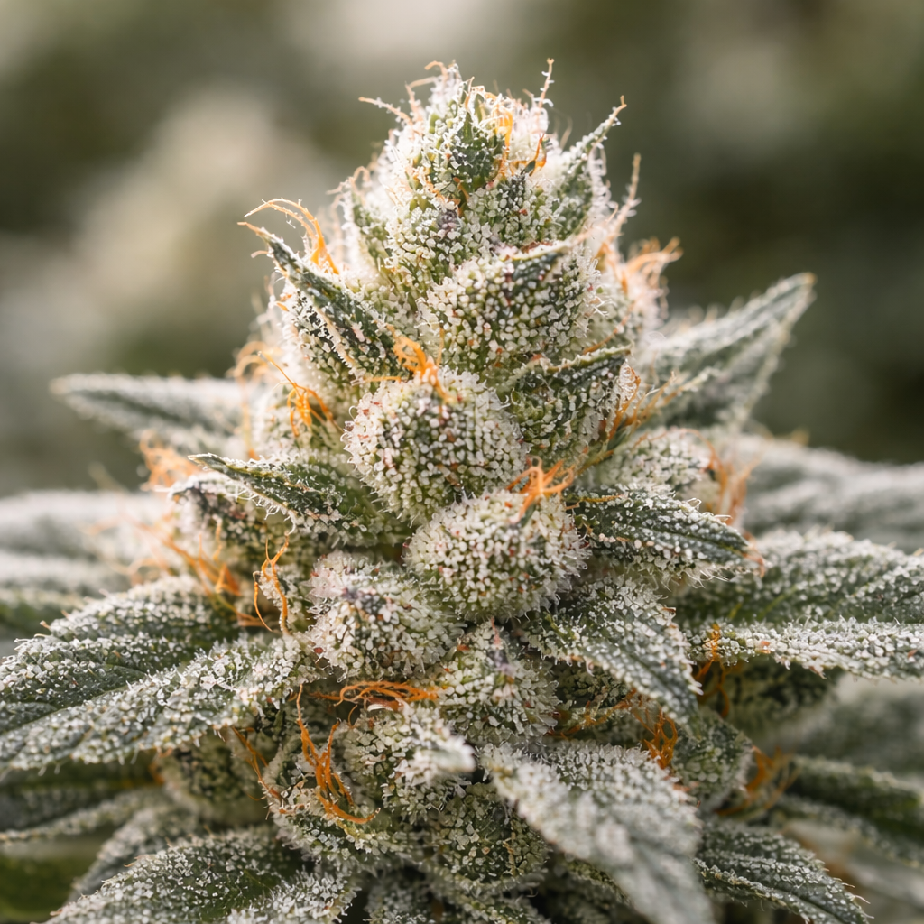Close-up of a flowering cannabis plant covered in trichomes, with orange pistils and green leaves.