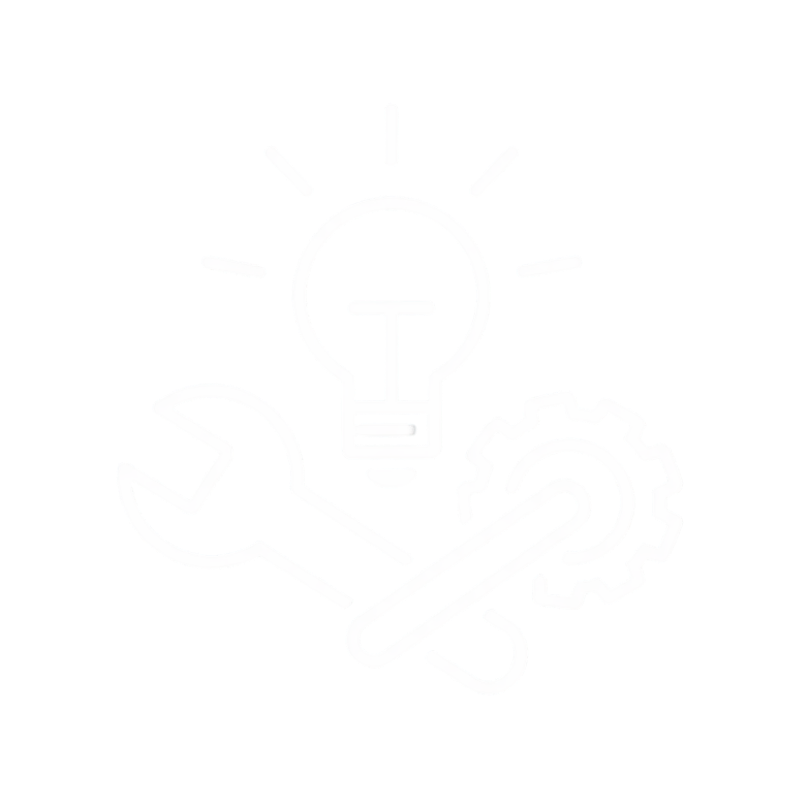 White line drawing of a light bulb, wrench, gear, and hammer.