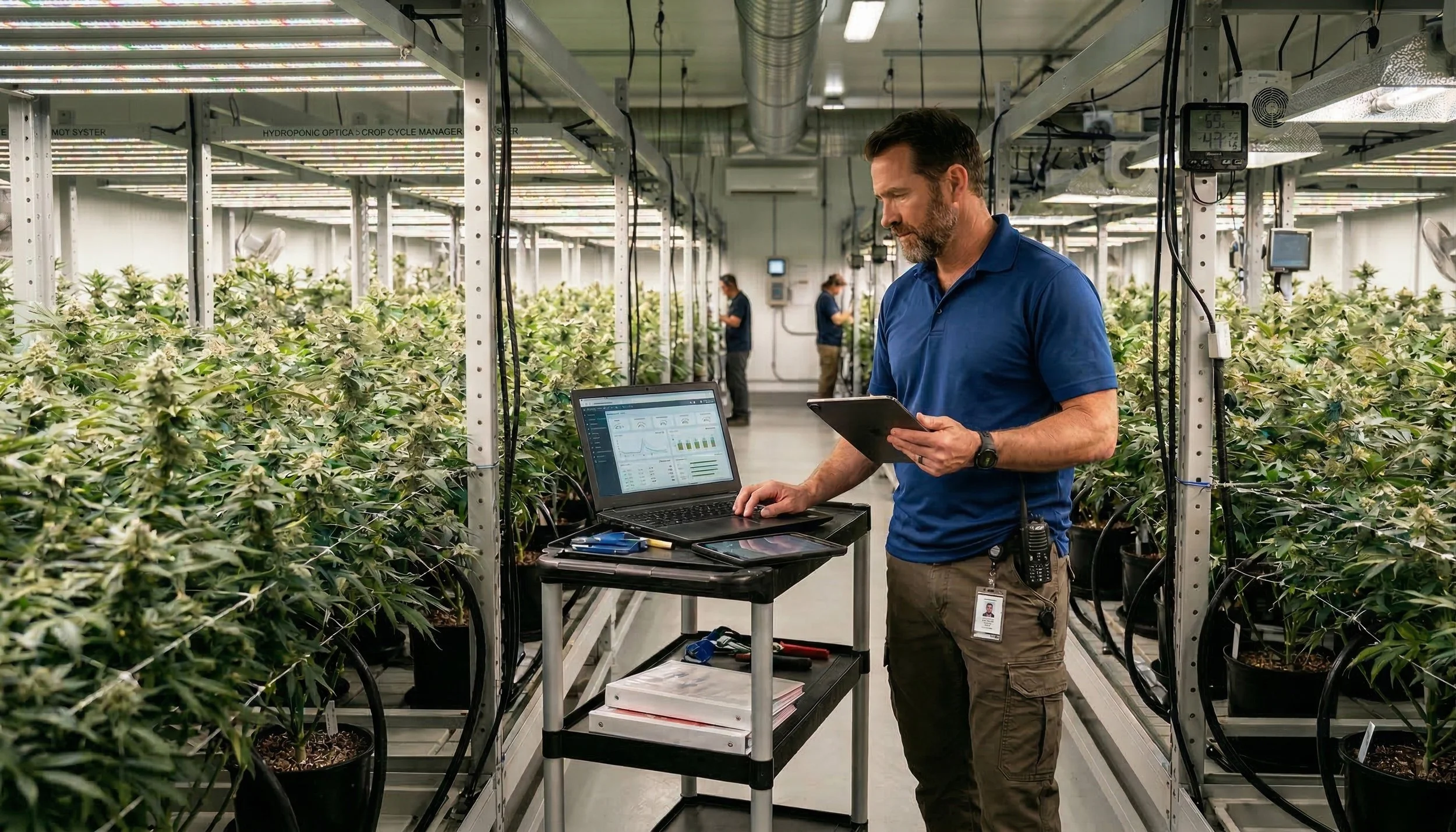 Man in blue polo shirt working with laptop and tablet in a cannabis cultivation facility with marijuana plants on either side.