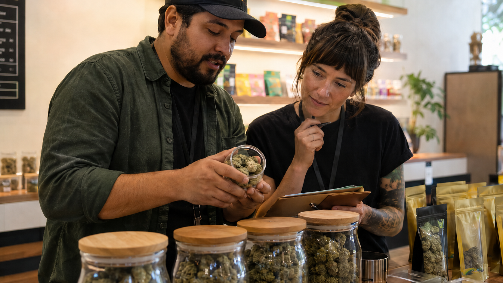 Retailer and Wholesaler looking over a jar of bud