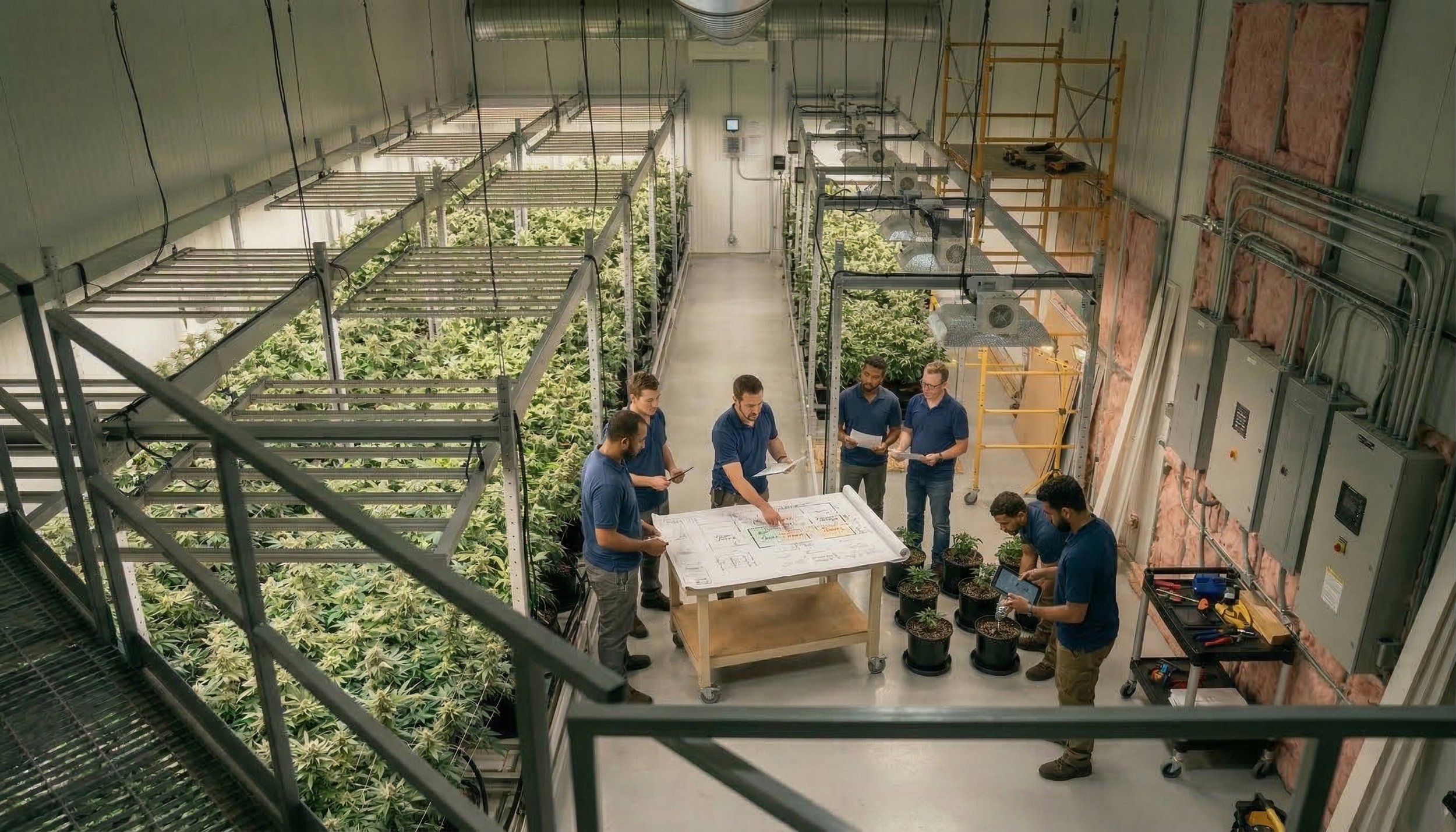 Group of people in blue shirts working in a cannabis grow operation, examining plans and plants on pots, inside a grow room with multiple shelves of cannabis plants and equipment.