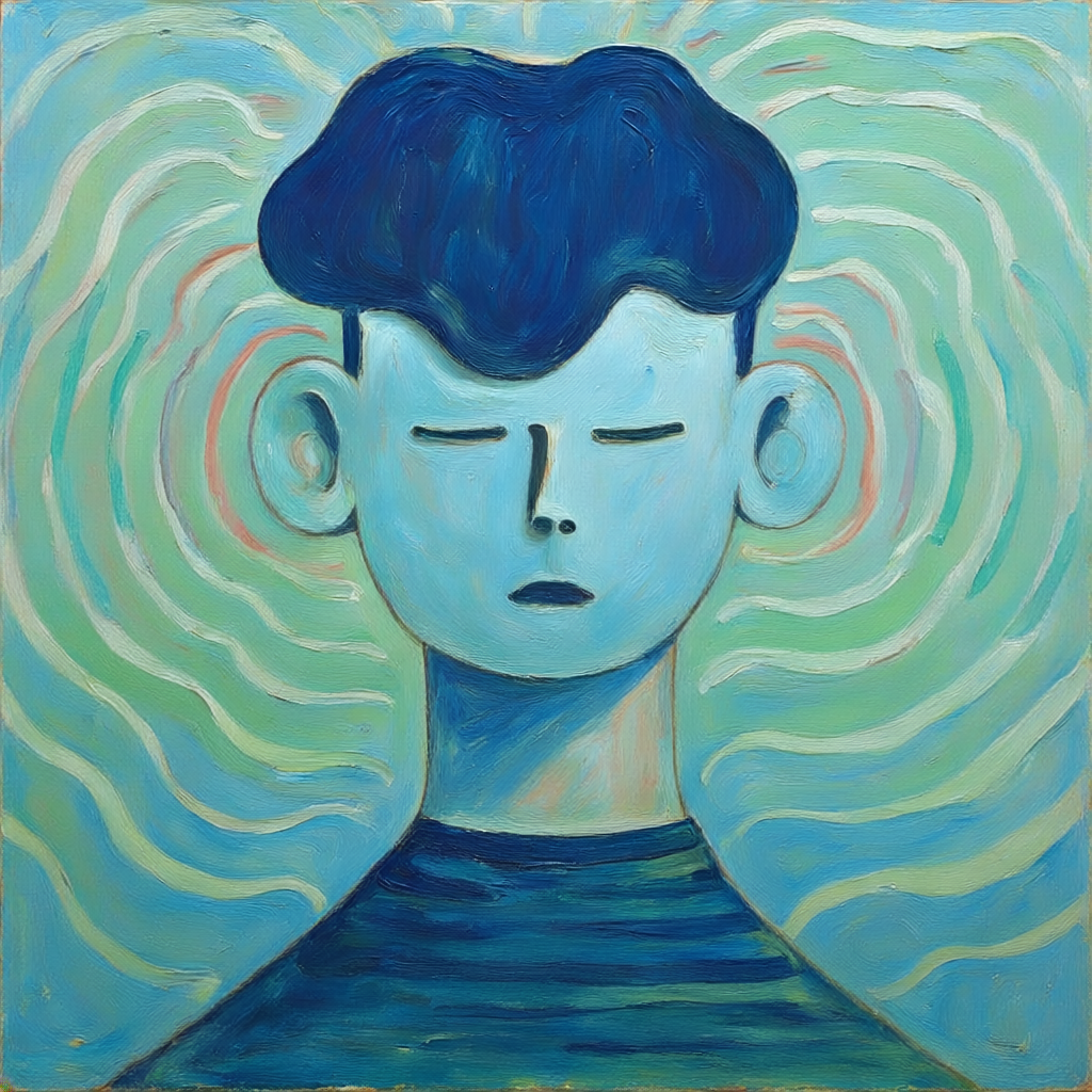 A painting of a young person with closed eyes, dark blue hair, wearing a striped shirt, surrounded by swirling pastel-colored lines.