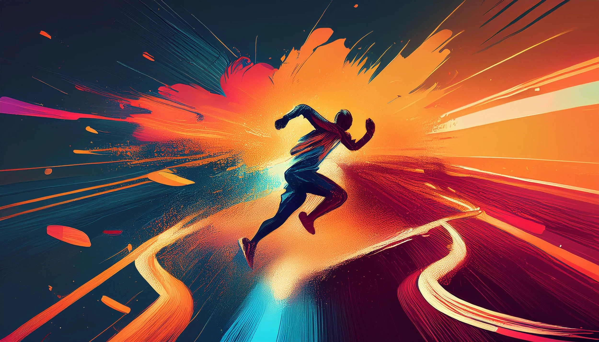 A silhouette of a person running on a road with abstract, colorful streaks and splashes of orange, red, yellow, pink, and blue in a dynamic, energetic scene.