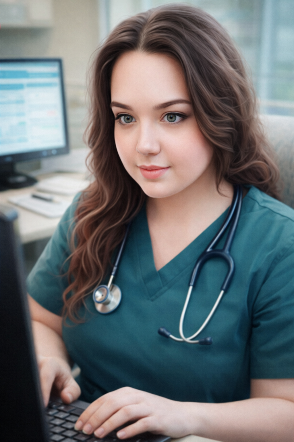 A young female healthcare professional with long brown hair and a stethoscope around her neck, working on a laptop in a clinical setting with a computer monitor and medical documents in the background.