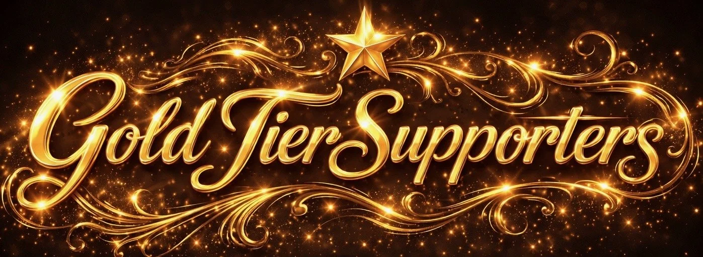 Gold-colored, cursive text reads 'Gold Tier Supporters' against a sparkling, glittering black background with swirling gold decorative elements and a star at the top.