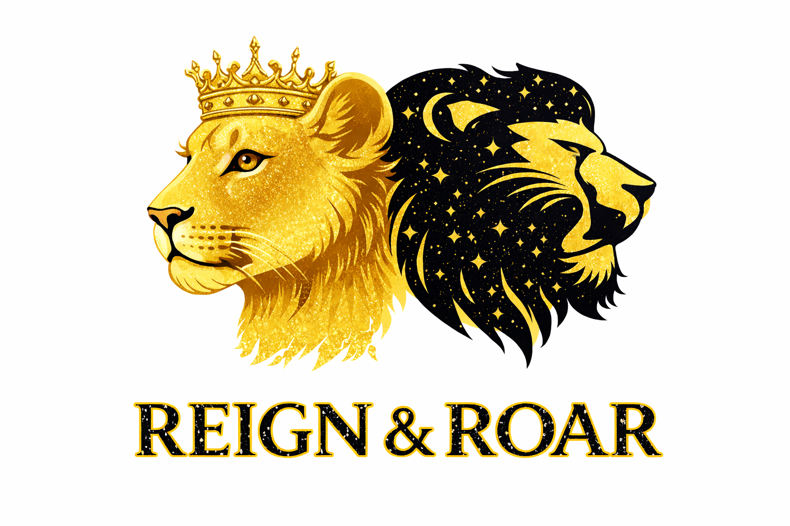 An illustration of a lion with a golden crown on its head, half of the face and mane in gold with a glittery star pattern, and the other half in black with a starry sky pattern, above the text "Reign & Roar" in gold and black.