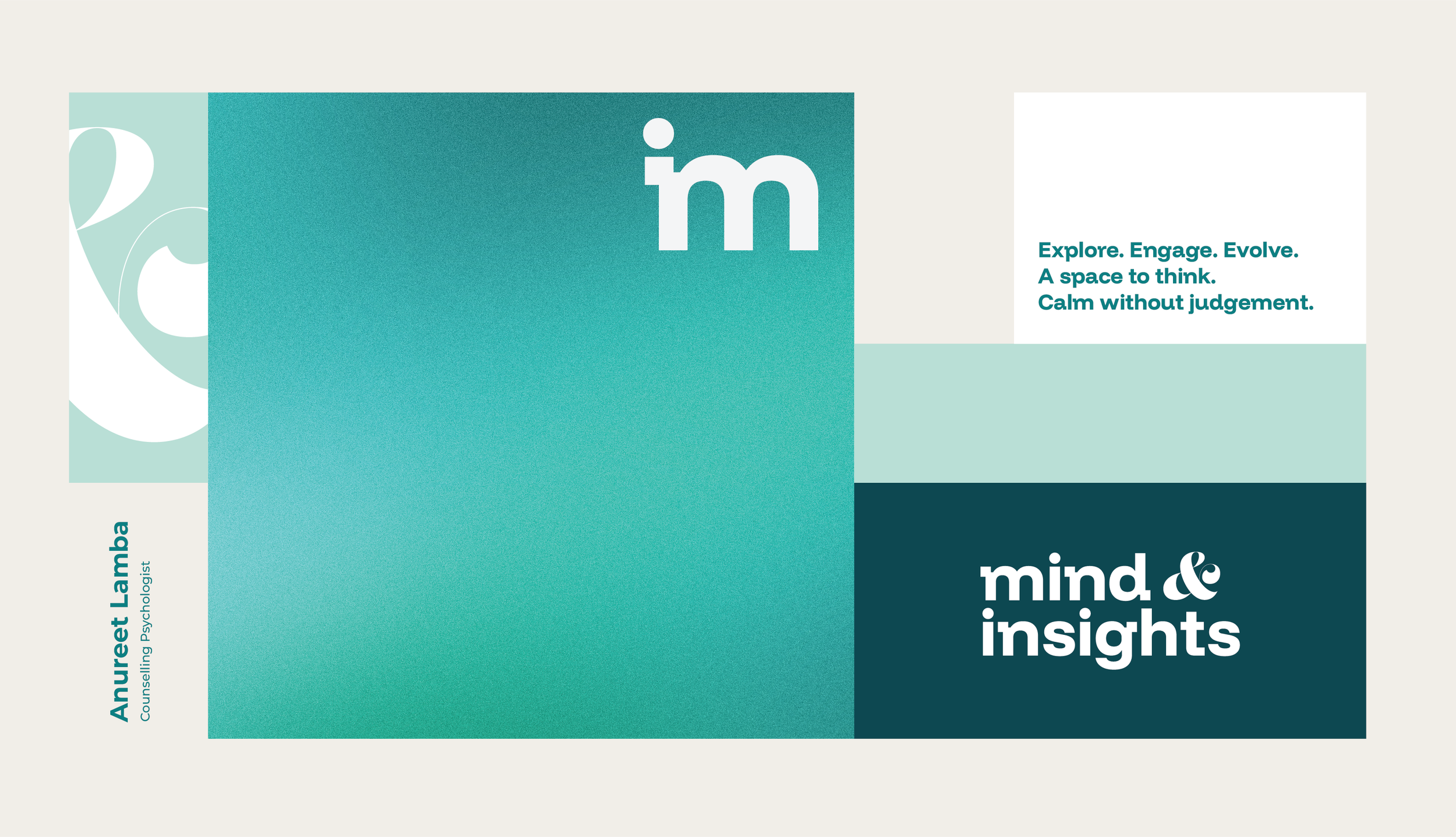 A digital graphic design poster with blocks of teal, light teal, dark blue, and off-white colors featuring the words 'mind & insights' and phrases about exploring, engaging, evolving, and thinking calmly without judgment.
