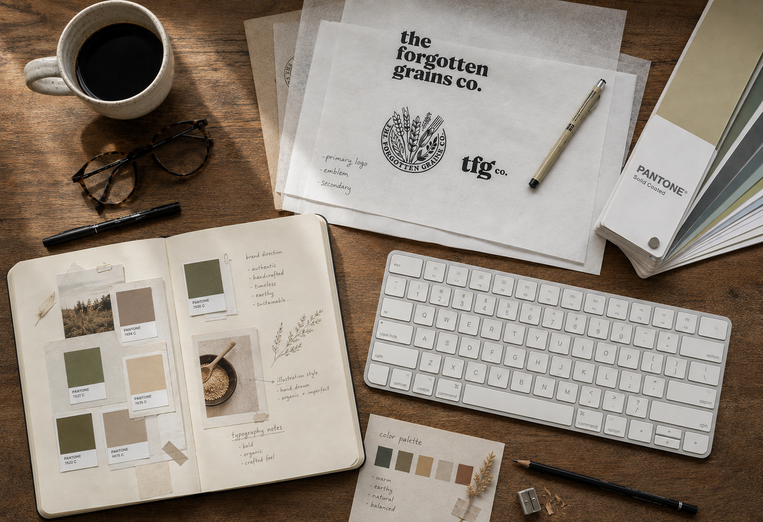Brand identity design process — moodboard, logo sketches, and Pantone color swatches for The Forgotten Grains Co.