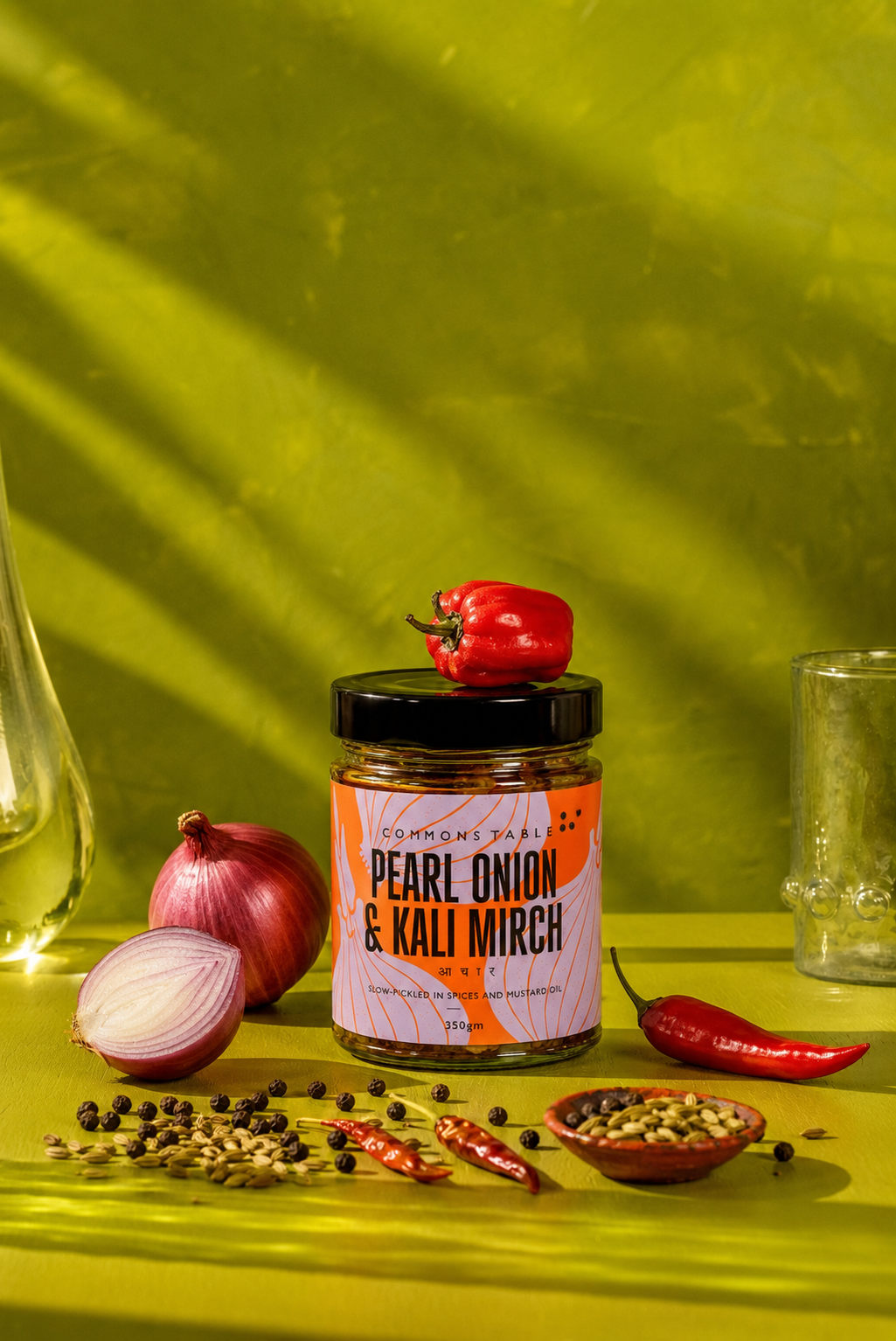 Pearl Onion and Kali Mirch pickle jar packaging design for Commons Table, featuring hand-illustrated label artwork