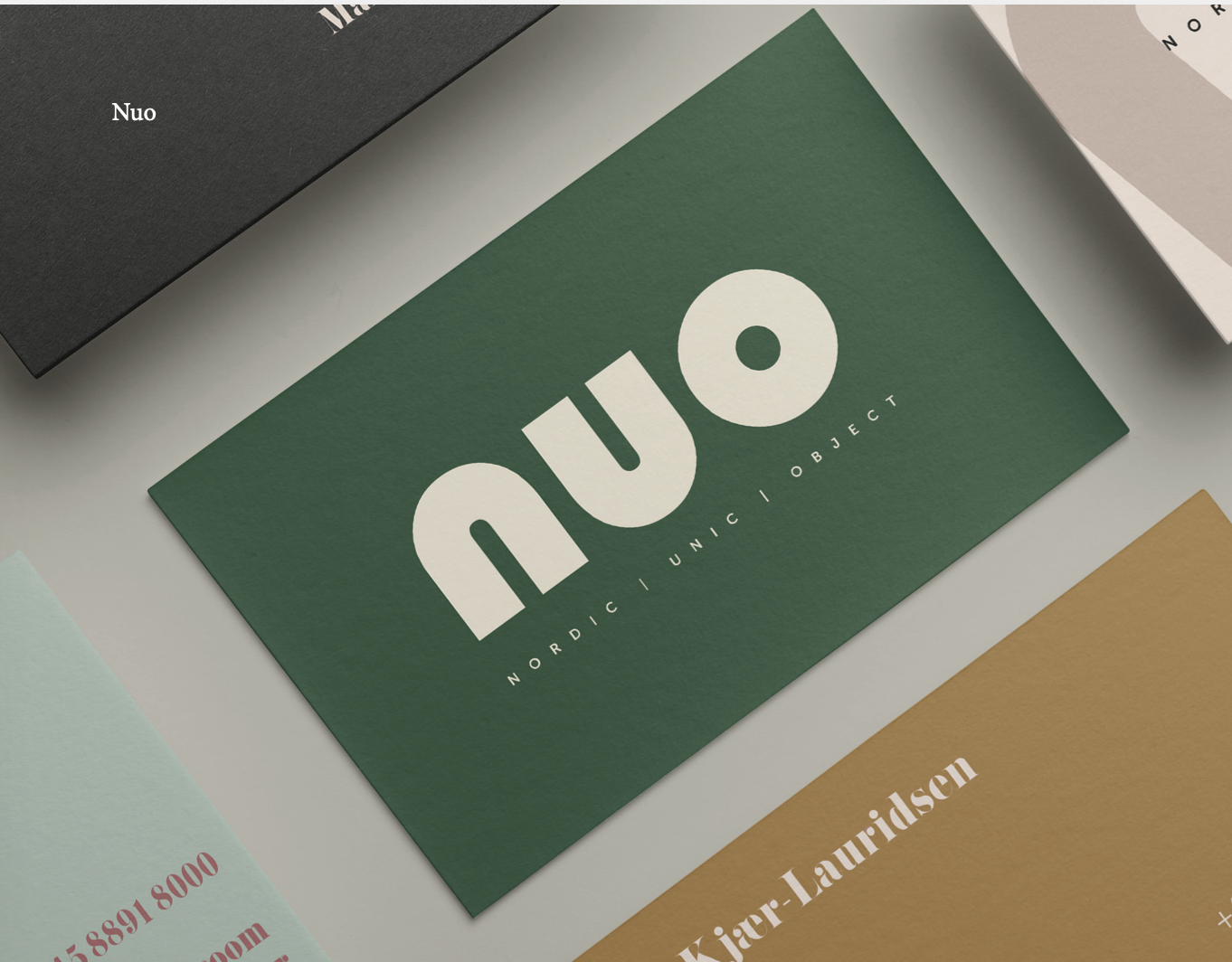 NUO brand identity design — logo and business card stationery in deep green and cream