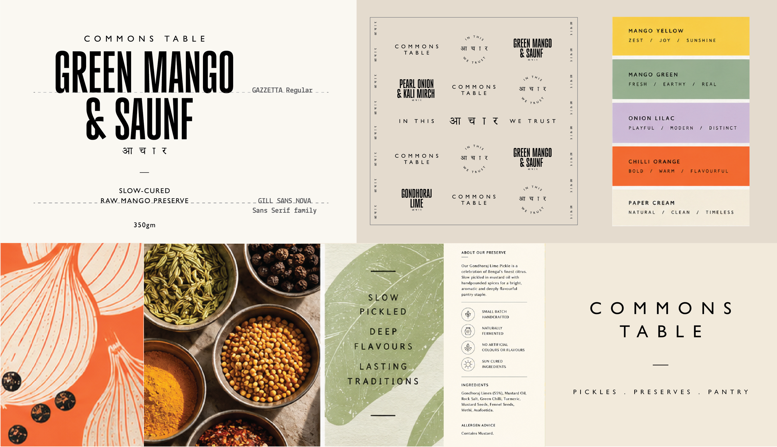 Commons Table design moodboard showing colour palette — Mango Yellow, Mango Green, Onion Lilac, Chilli Orange, Paper Cream — alongside label and packaging references