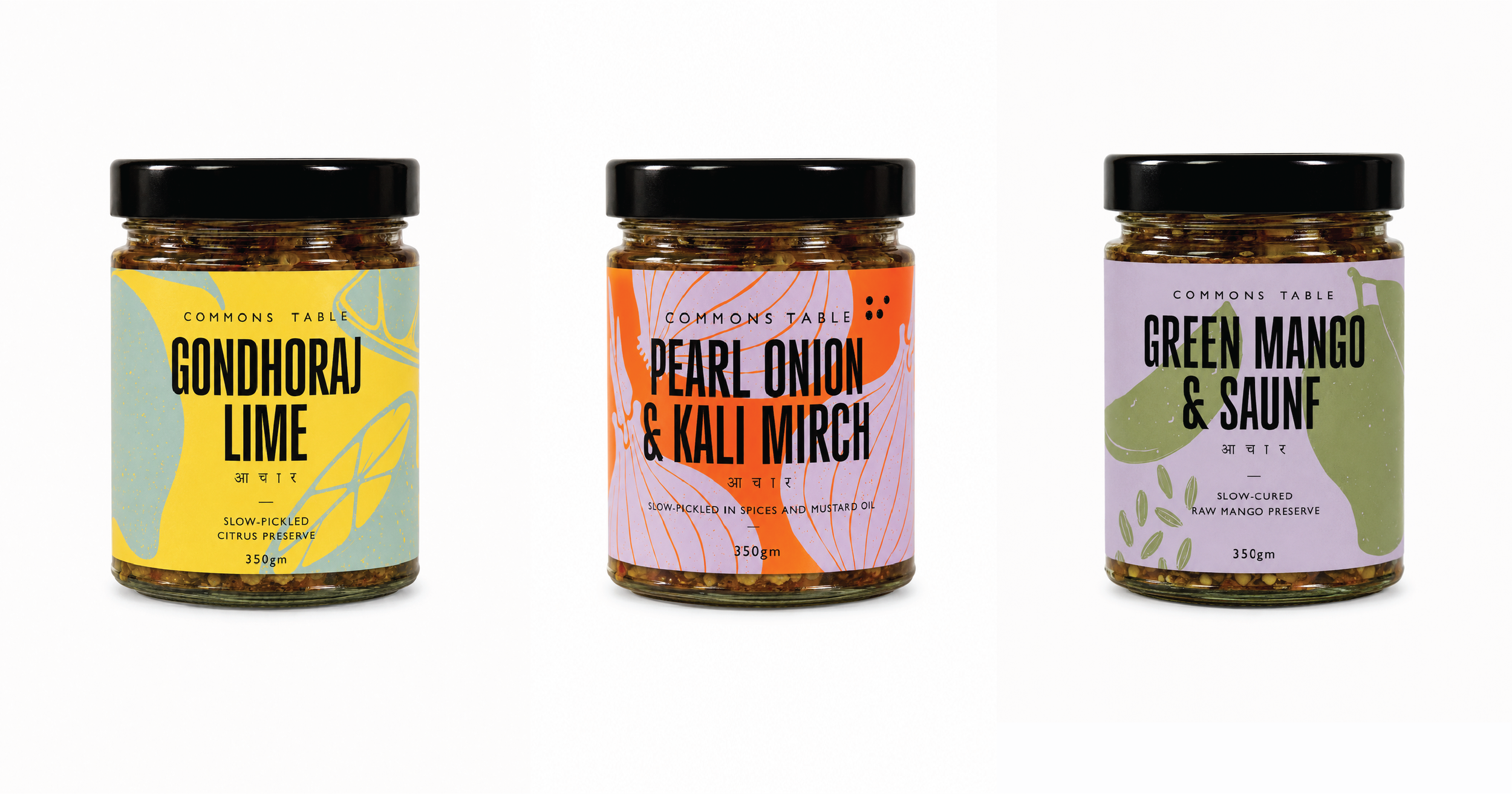 Commons Table pickle jar range — Gondhoraj Lime, Pearl Onion & Kali Mirch, and Green Mango & Saunf shown side by side