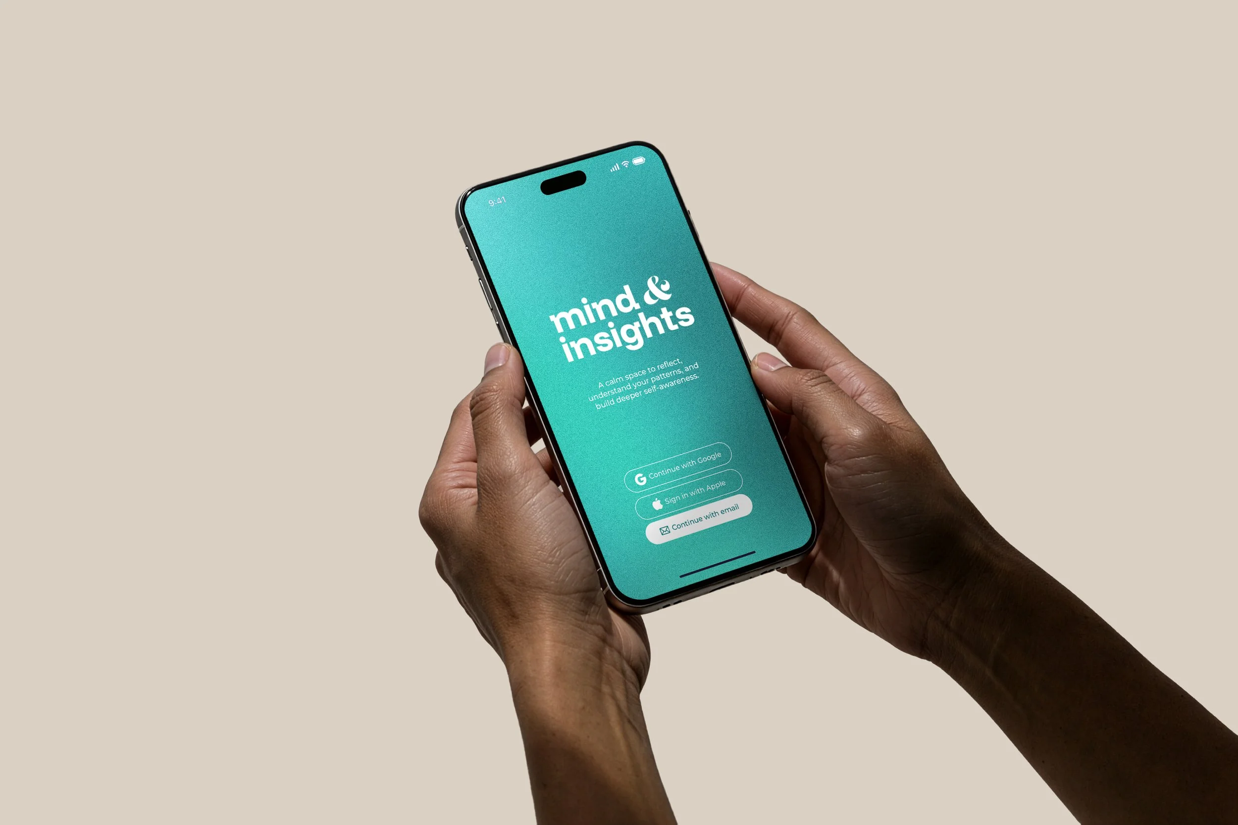 Mind & Insights app onboarding screen design shown on a smartphone mockup