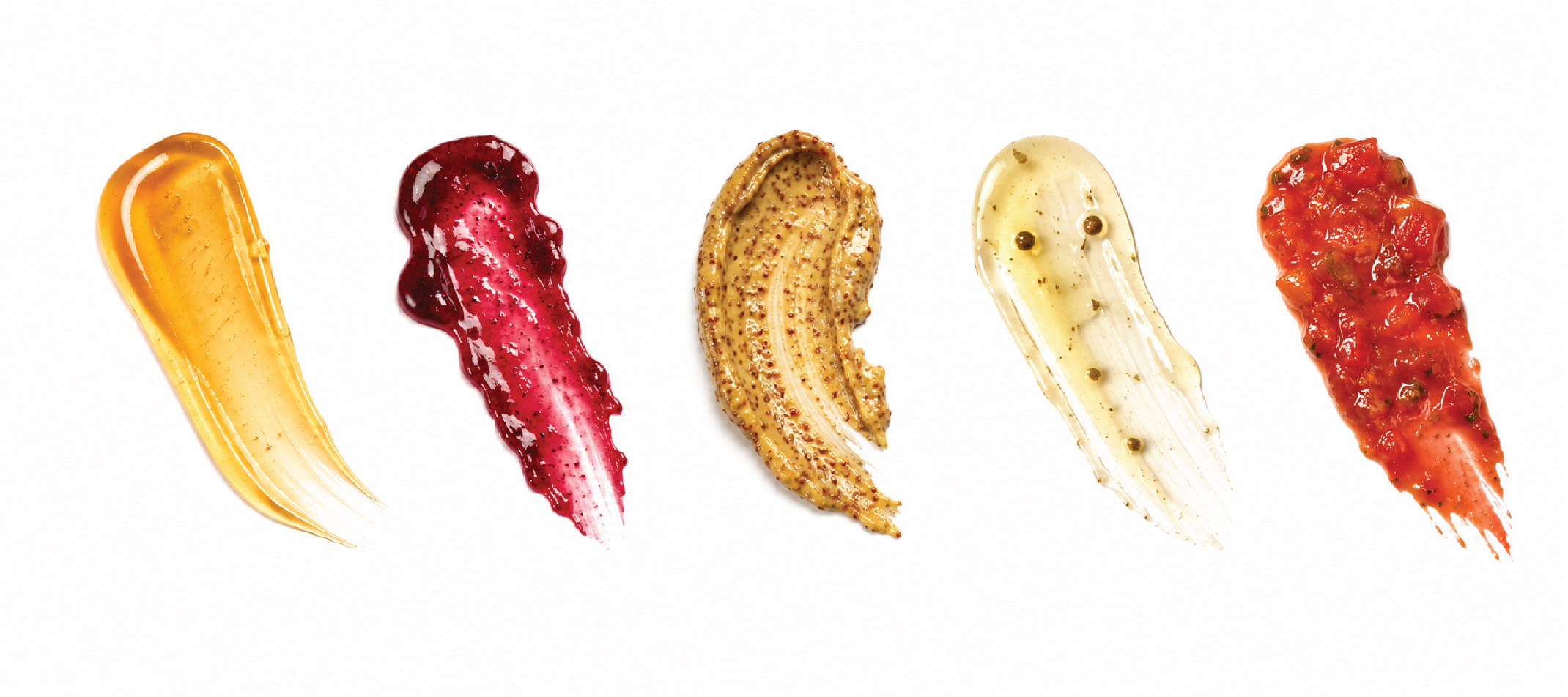 Flavour swatches for The Gourmet Jar packaging — jam, mustard, and preserve textures shown as paint-like colour samples