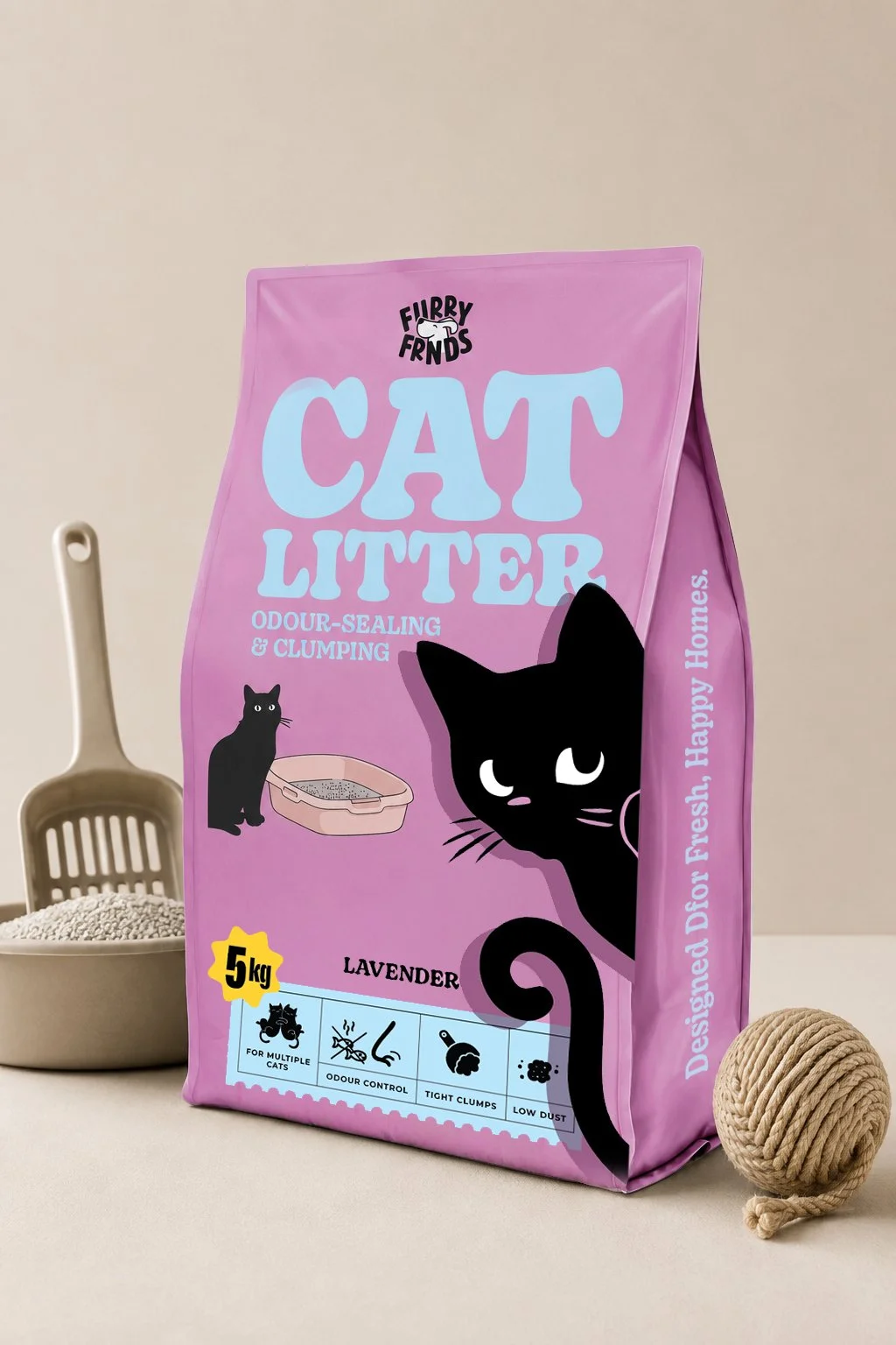 Furry Frnds cat litter packaging design — illustrated branding for a pet care product line