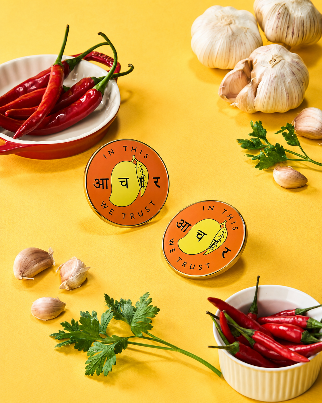 Commons Table "In this आचार we trust" enamel pins in mango variant colourways, styled with fresh garlic and red chillies