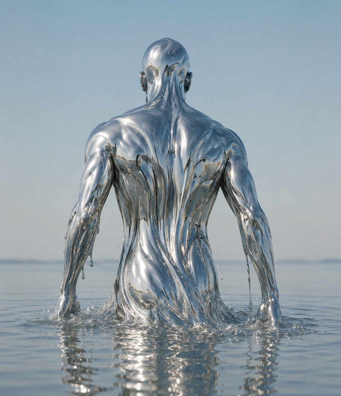 Liquid chrome figure in water, mood image for the Alive battery brand identity