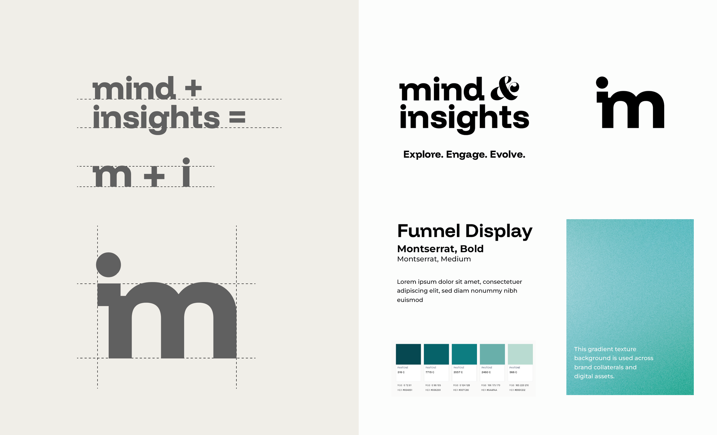 A presentation slide showcasing typography and design elements including the phrase 'mind + insights =' in gray test, a bold 'm' symbol, and the words 'Explore. Engage. Evolve.' alongside section headers and color palettes, with a gradient texture background.