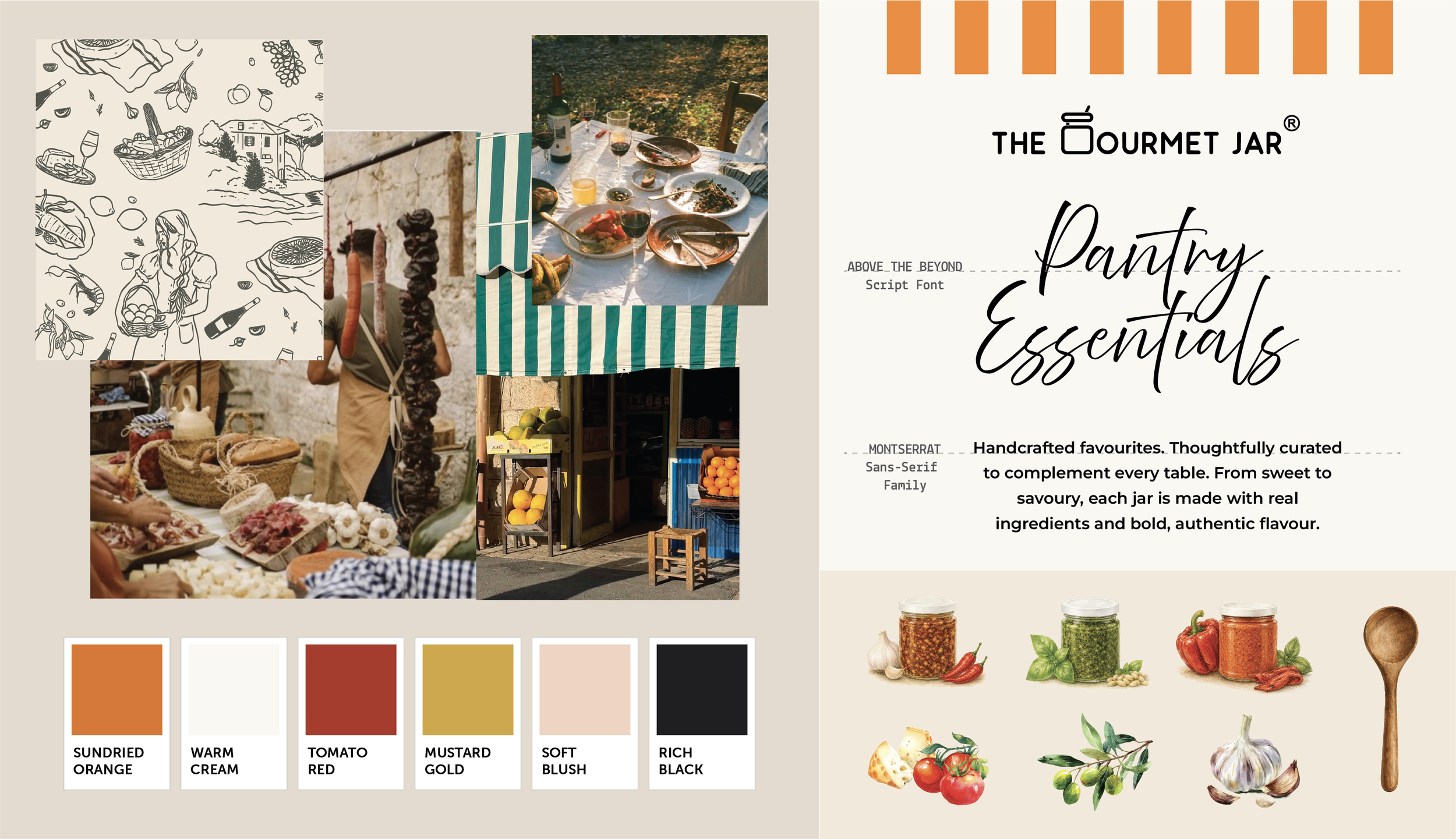 Design direction moodboard for The Gourmet Jar — farmer's-market references, hand-illustrated line art, typography pairing, and colour palette