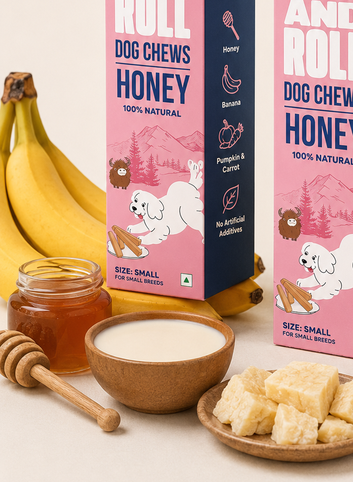 Flavoured dog chews packaging.