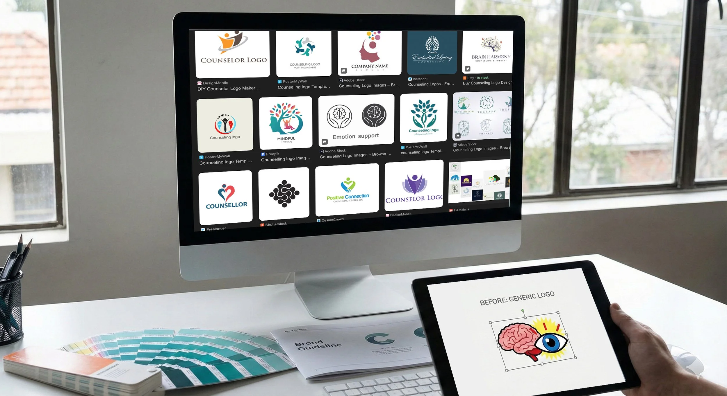 Computer monitor displaying various counseling logo templates and branding examples, with a desk in front holding pamphlets, color swatches, and a tablet showing a brain and eye illustration.