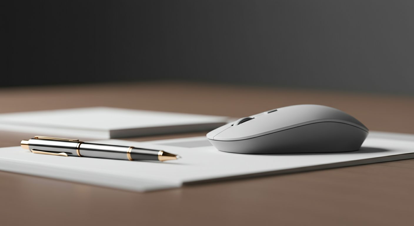 A computer mouse, a black and gold pen, and a white notepad on a wooden desk with a black background.