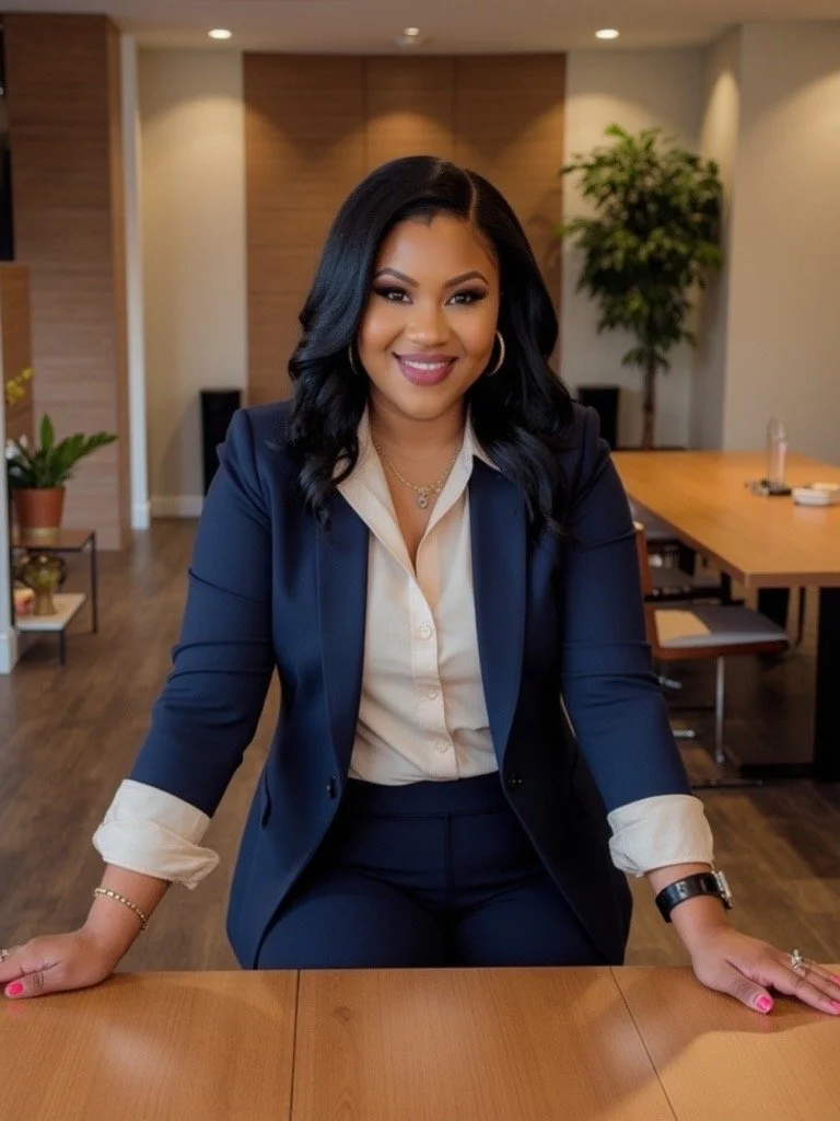A woman with long black hair and wearing a navy blue blazer and pants, cream-colored blouse, and jewelry, sitting at a wooden table in an office setting with plants and furniture in the background.