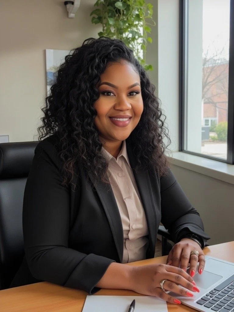 A woman with curly black hair sitting at a desk in an office, smiling and looking at the camera. She is wearing a beige blouse and a black blazer, with a laptop in front of her and a pen. There is a window and a green plant behind her.