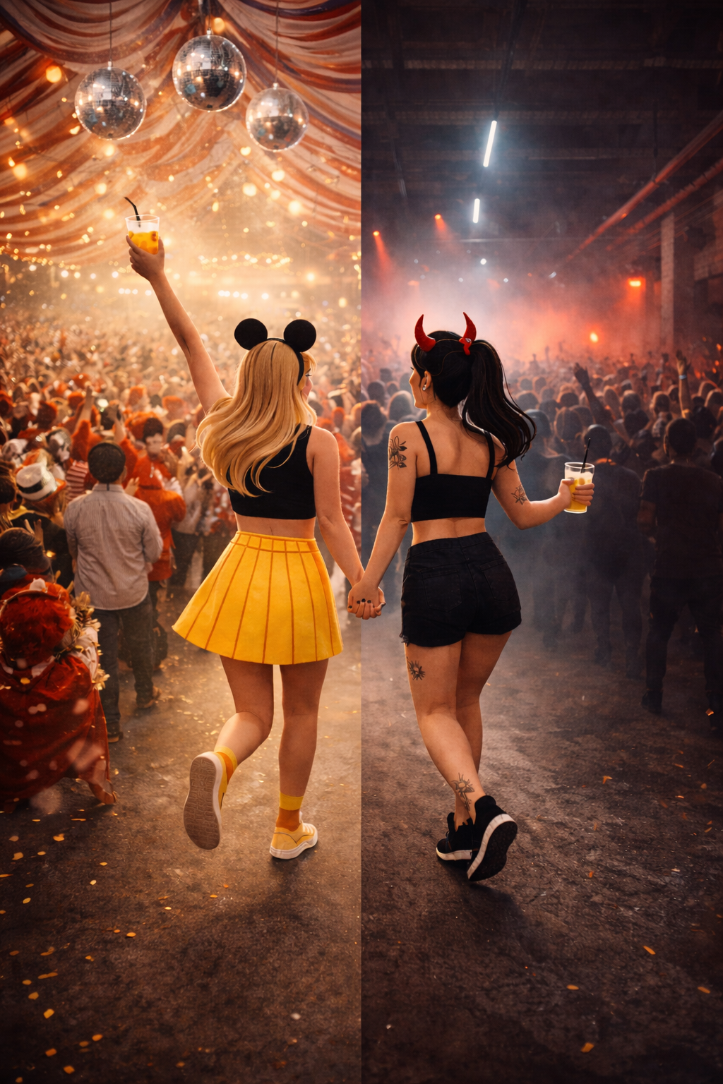 Zwei Frauen in Halloween-Kostümen laufen in einer Partyhalle mit vielen Menschen, Discokugeln und Lichterketten, die feiern und tanzen.