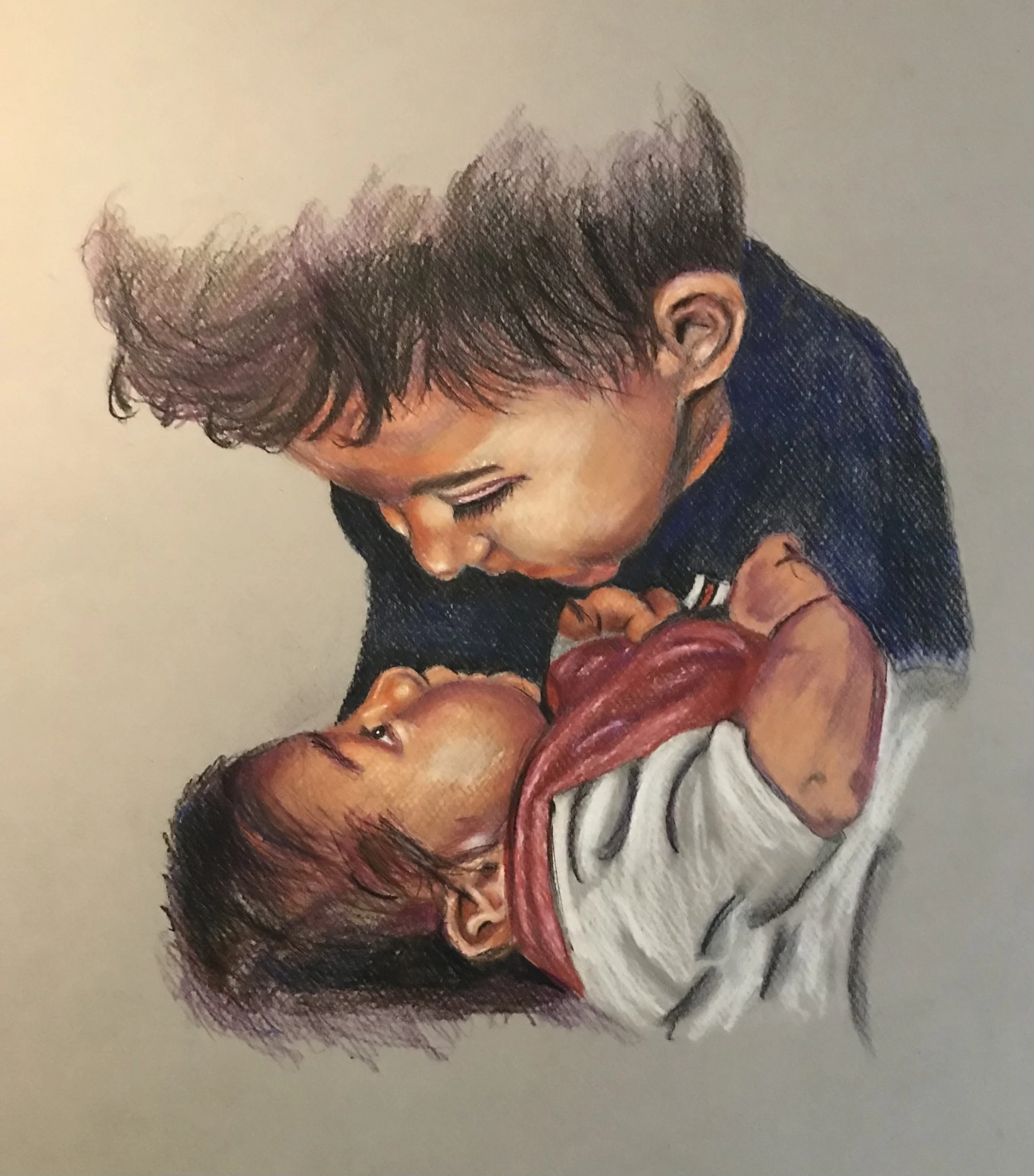 Drawing of a young boy leaning over a girl lying down, looking into her eyes, with emotional expressions.
