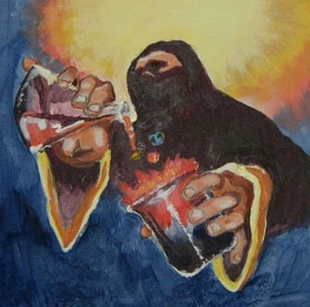 Painting of two individuals with surgical masks, holding drinks with straws.