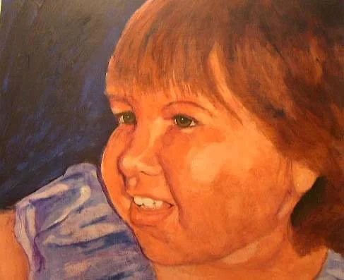 A painted portrait of a young girl with short brown hair, smiling and wearing a blue shirt.