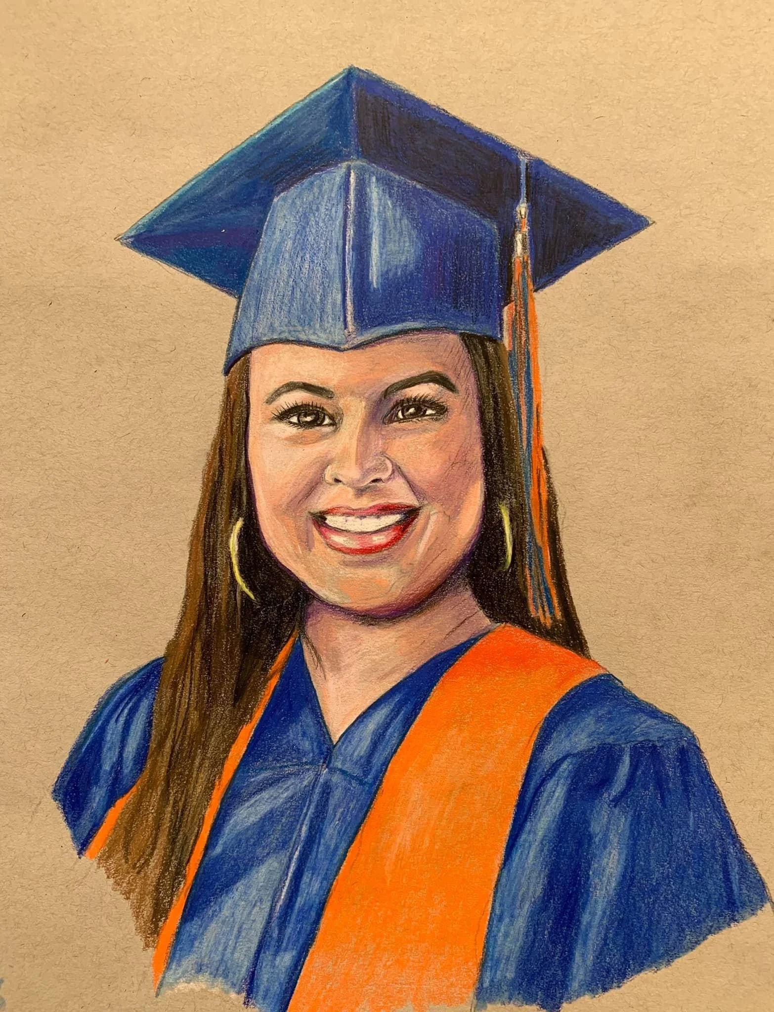 Colorful portrait of a woman in graduation cap and gown, smiling.