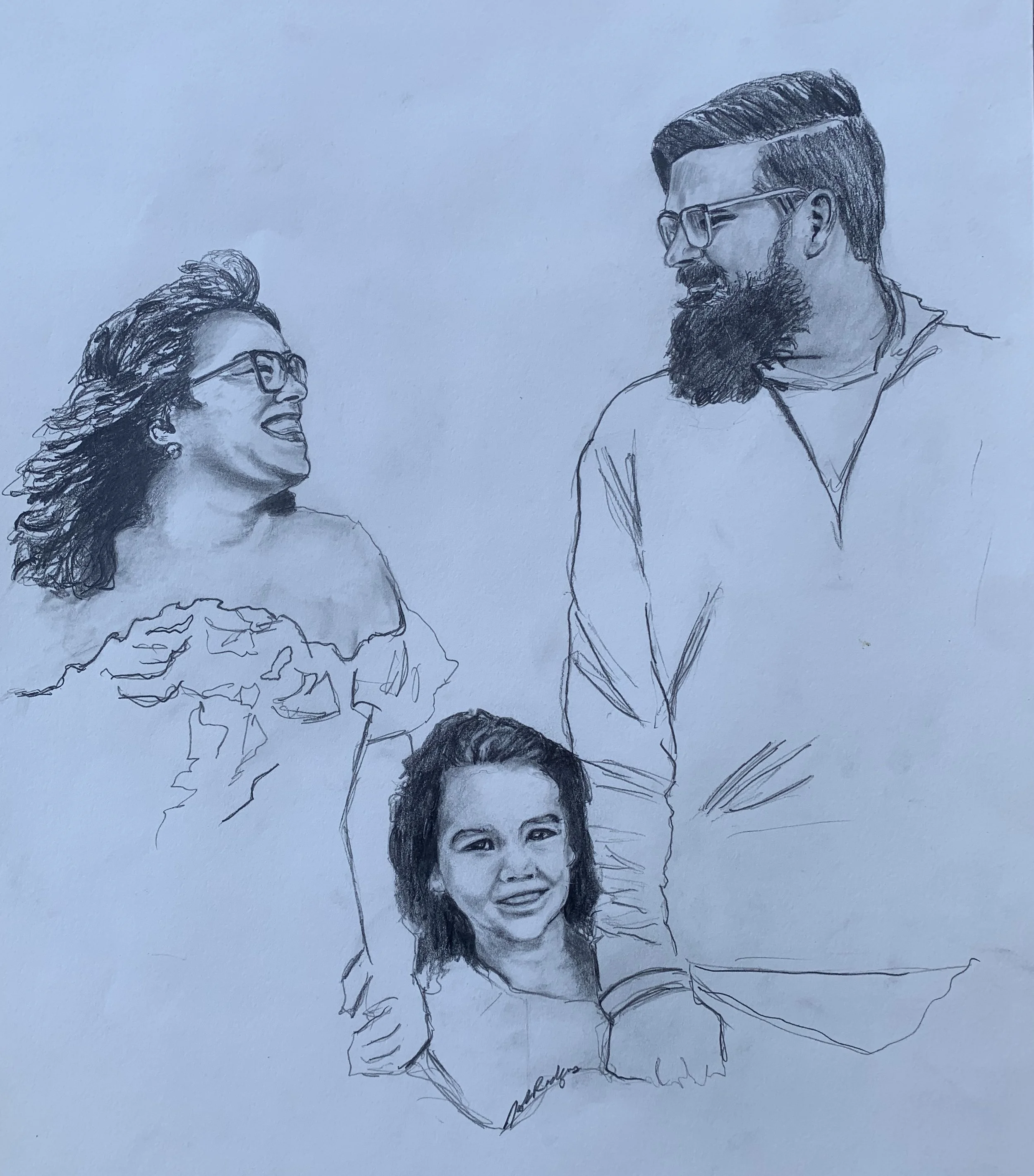 A detailed pencil sketch of a woman laughing and looking at a bearded man and a young girl, who are also smiling and looking at her.