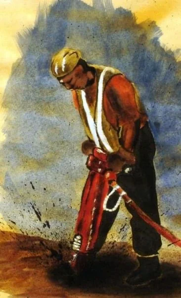 A watercolor painting of a man using a jackhammer on the ground, wearing a yellow hard hat and a safety vest.