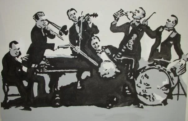 Black and white illustration of a musical band with five men playing different instruments including a violin, cello, piano, flute, and drum.