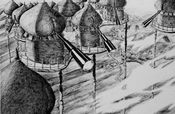 Sketch of a village with onion-shaped domed buildings and distant mountains.