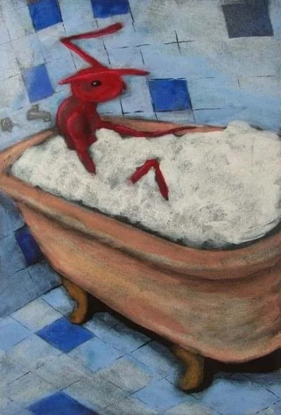 Painting of a red lobster in a bathtub filled with white bubbles, set against a blue tiled wall.