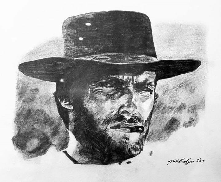 Sketch of a man wearing a wide-brimmed hat, smoking a cigar.