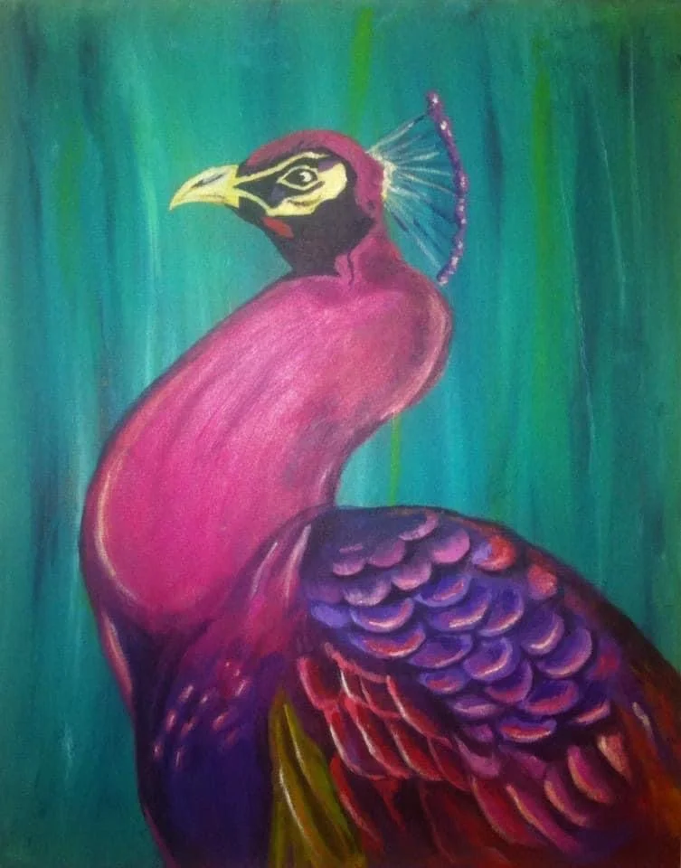 Colorful painting of a peacock with vibrant purple, pink, and blue feathers against a green background.