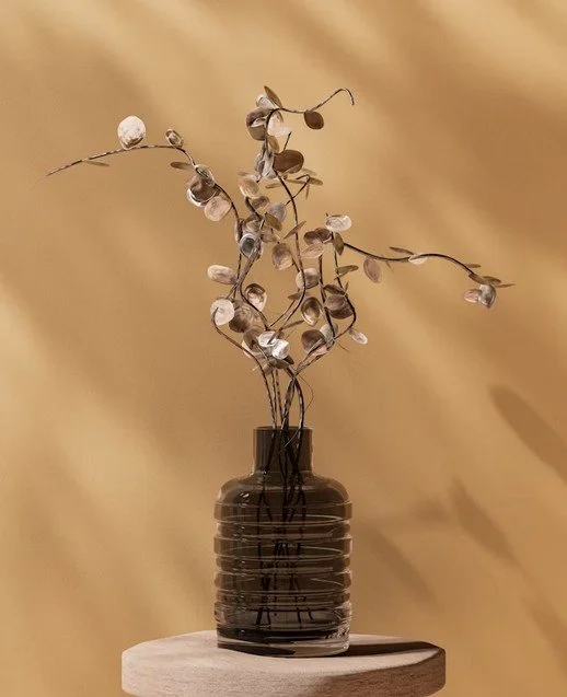 Trockene Zweige mit verhältnismäßig großen, schwarzen und weißen Samen in einer braunen Glasvase auf einem runden Holzsockel