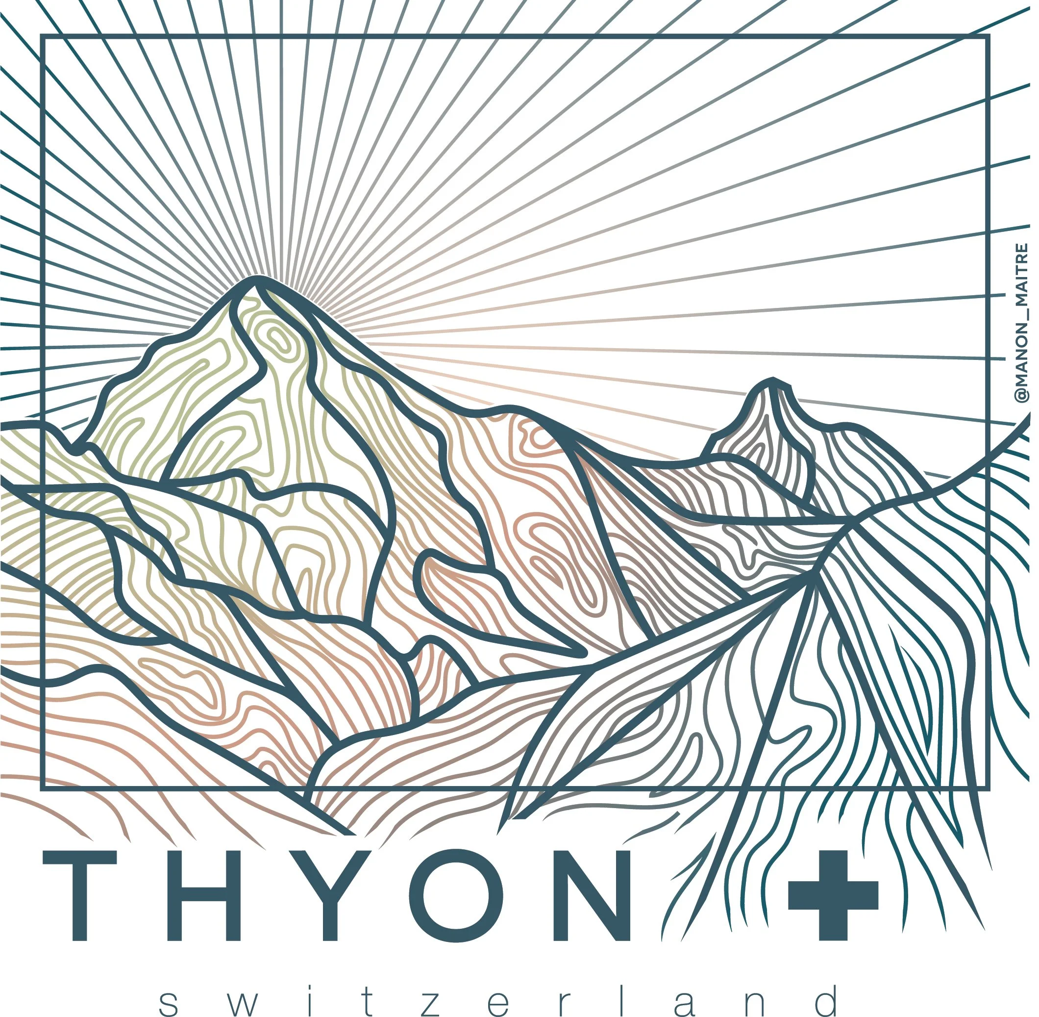 Une illustration contour d'une montagne avec le soleil levant en arrière-plan et des feuilles en premier plan, avec le texte 'THYON' en dessous, et 'Switzerland' écrit en petite taille.