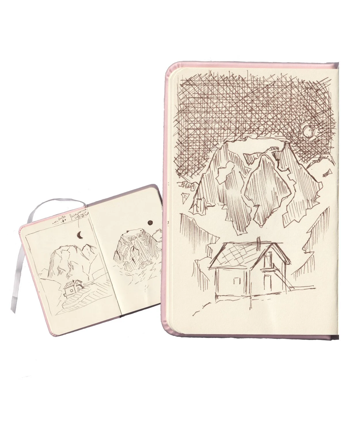 Dessins au crayon représentant une montagne, une maison, la lune, et un ciel étoilé dans un carnet de croquis.
