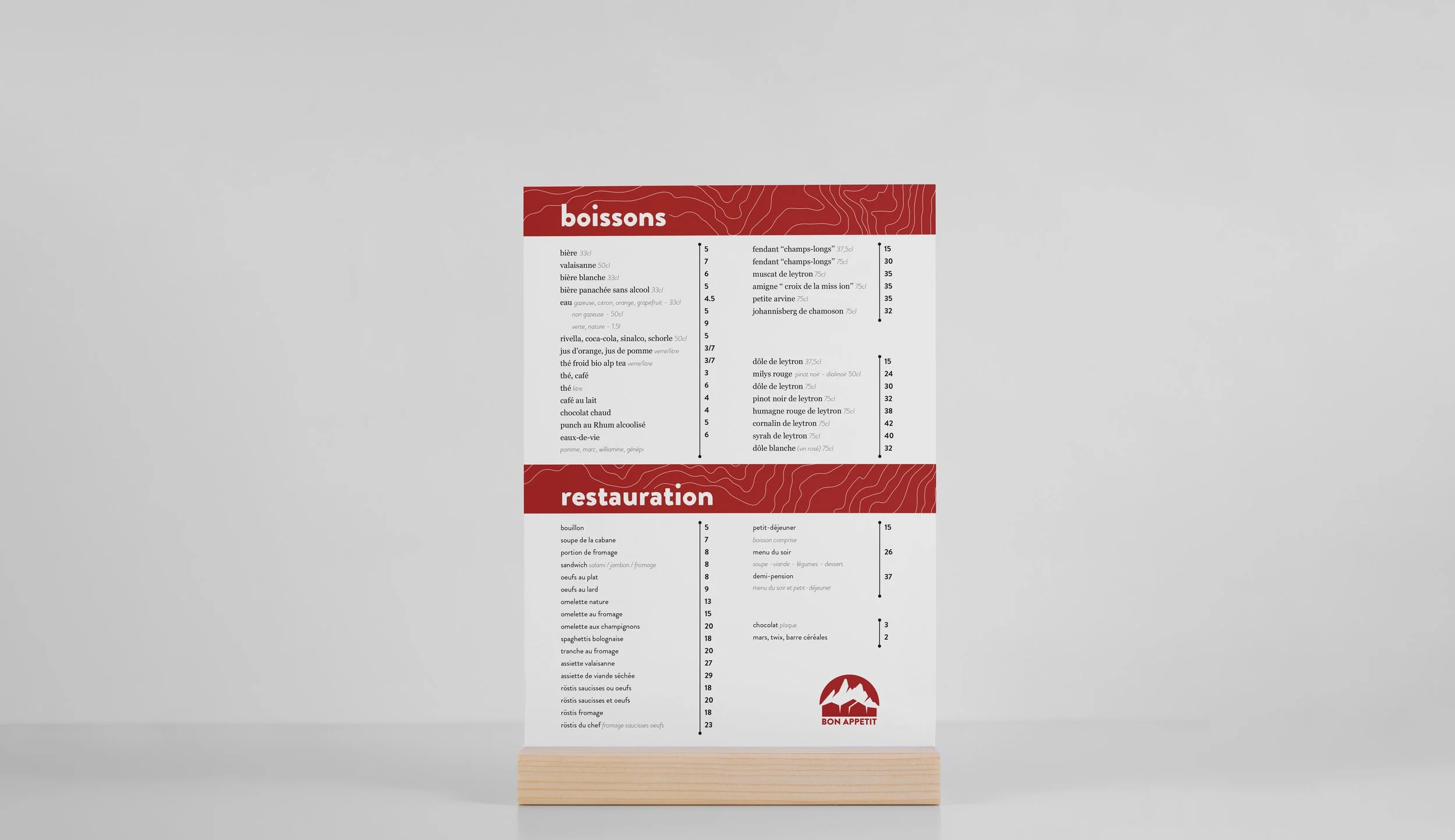 Menu de restaurant avec sections pour boissons et restauration, offrant une liste de plats et de boissons en français, avec le logo 'Bon Appetit' en bas.
