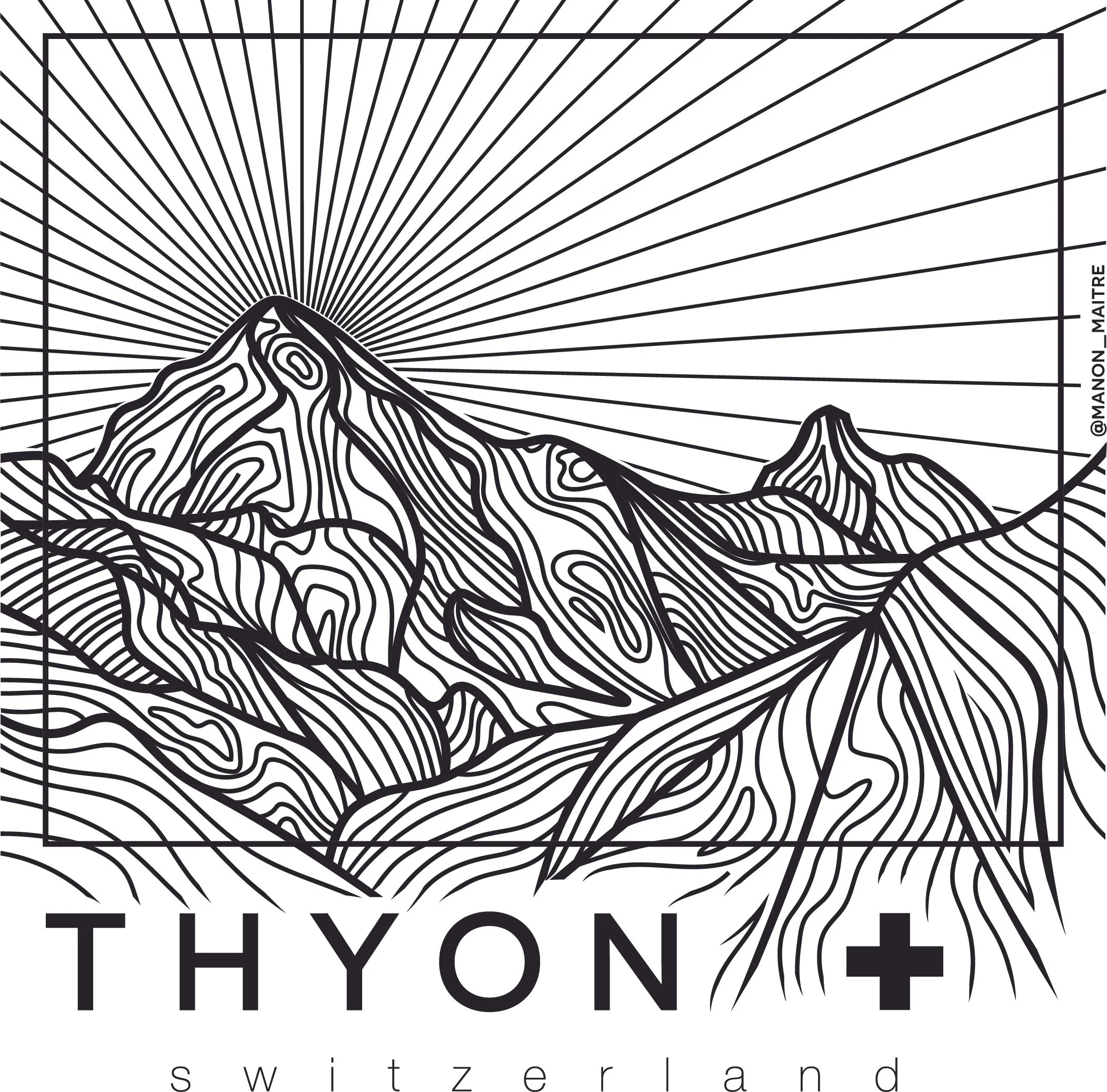 Illustration en lignes noires et blanches représentant une montagne avec le soleil se levant derrière, avec le texte 'THYON' et 'Switzerland' en dessous.