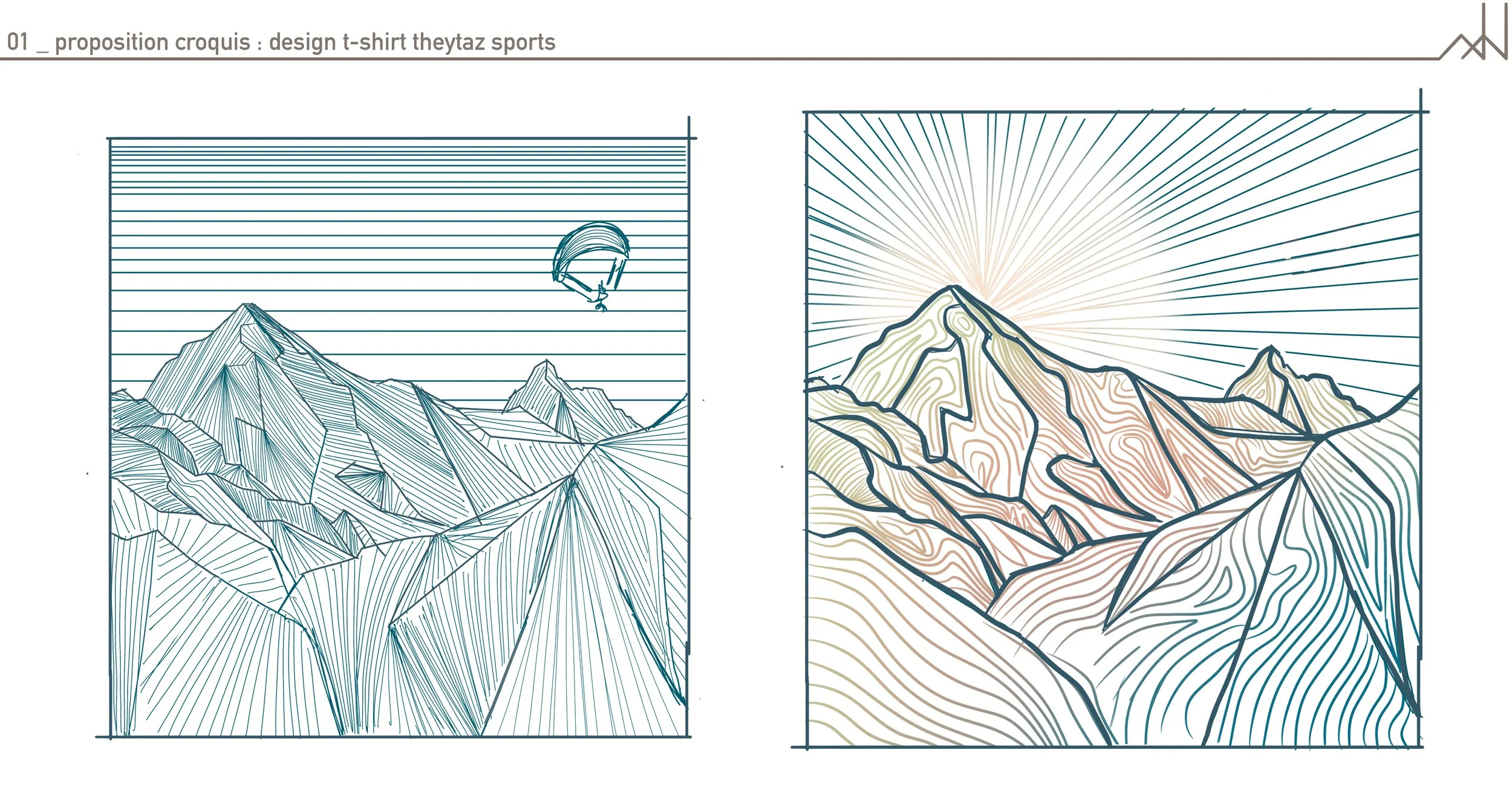 Dessins de montagnes avec lignes de contour, une avec un ciel avec des lignes horizontales et un casque de pilote de drone, l'autre avec un soleil levant.