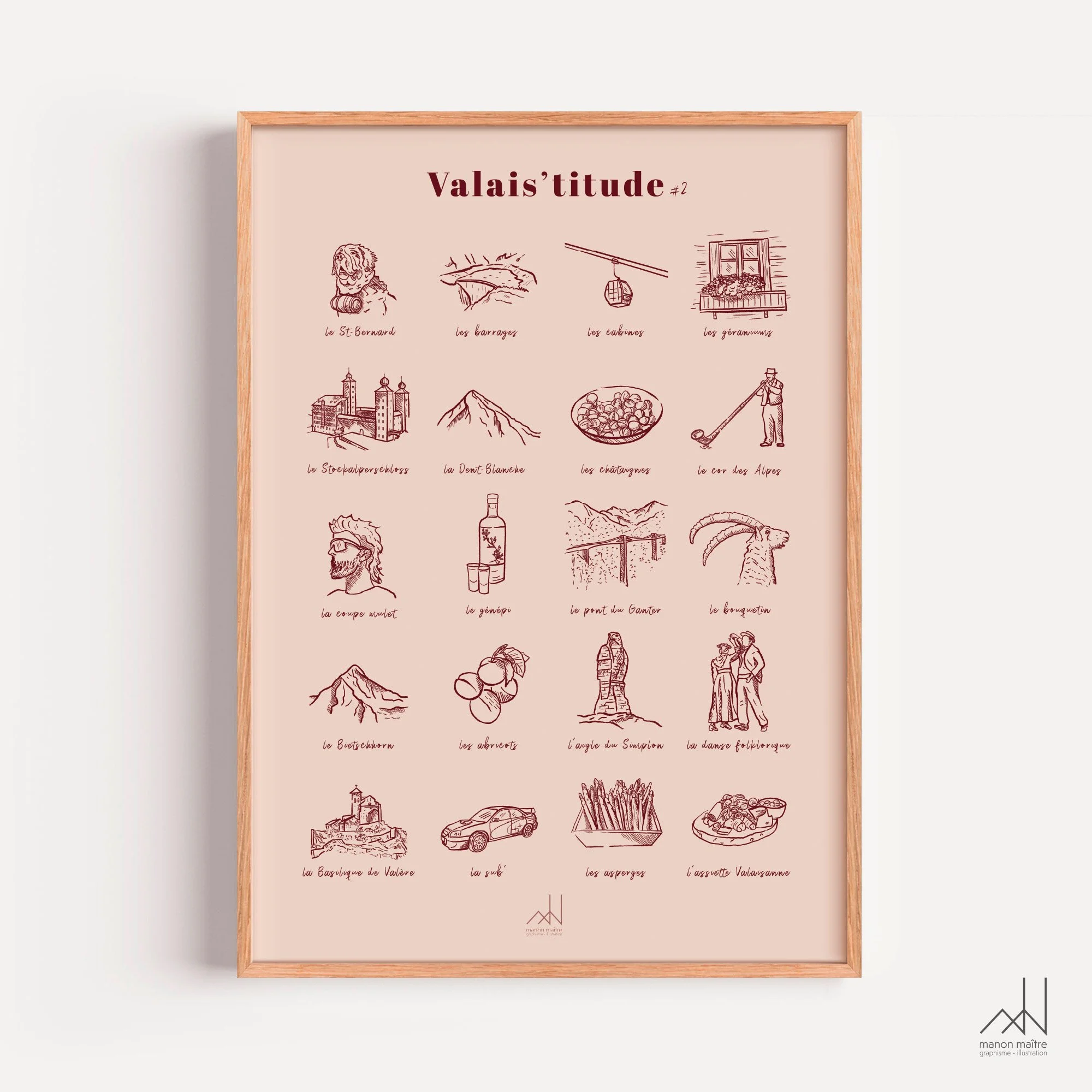 Détail de l'affiche illustrée Valais'titude, dessins des traditions et paysages valaisans à l'encre
