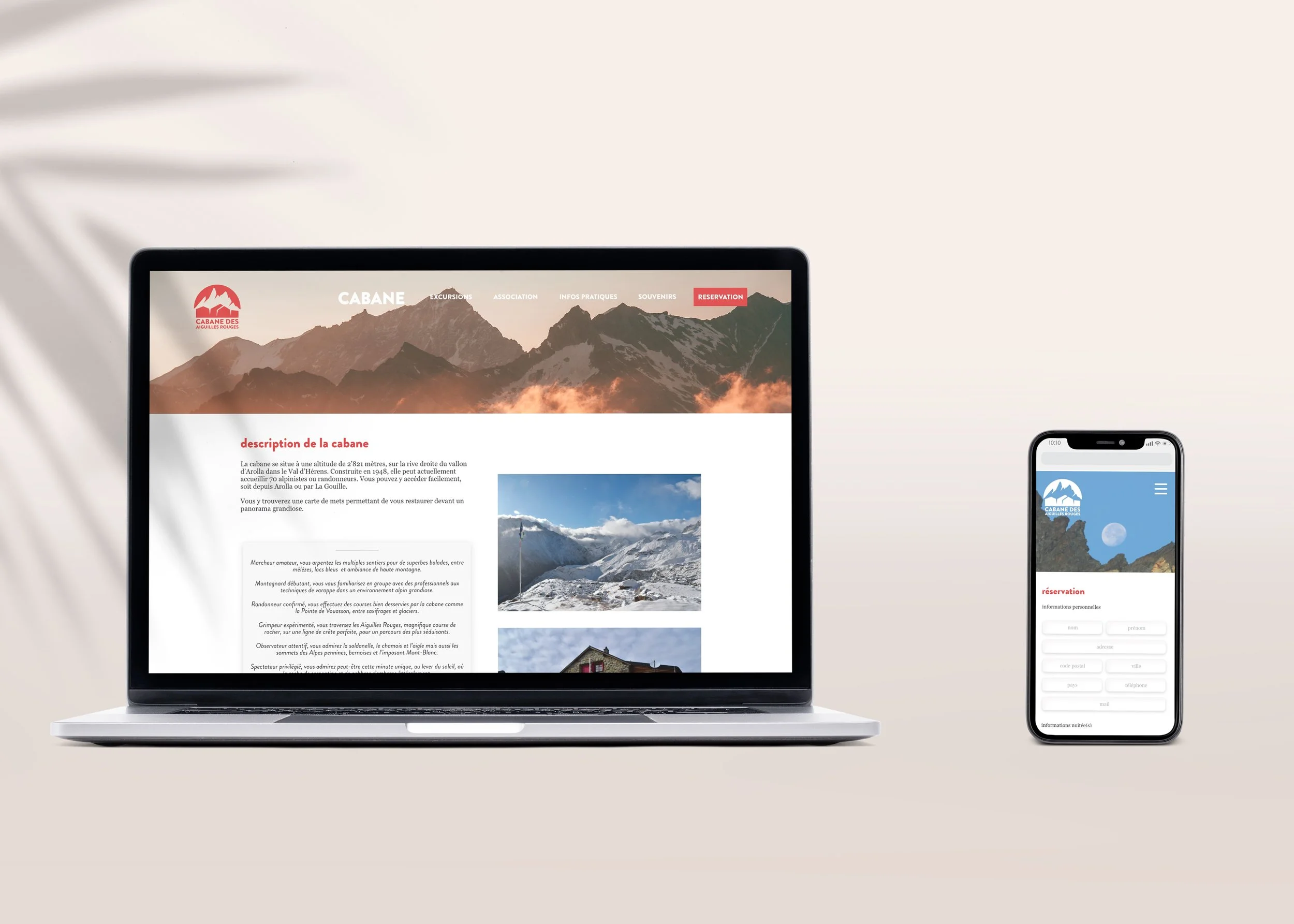 Capture d'écran d'une page web affichée sur un ordinateur portable montrant une montagne, et la même page web sur un smartphone avec une montagne, la lune et un ciel étoilé.