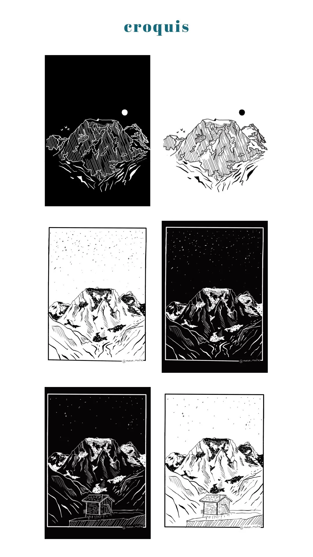 Une série de croquis en noir et blanc représentant une montagne sous différents cycles de nuit, allant de la nuit étoilée à la nuit noire, avec une petite cabane au pied des montagnes.
